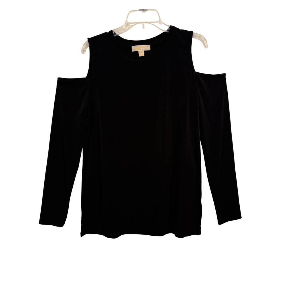 Michael Kors Womens Black Cold Shoulder Long Sleeve Top Crew Neck XL Side Slits